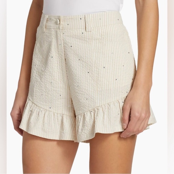 Cinq à Sept Neema Rhinestone Seersucker Shorts Cream Size 6 Ruffle Chic Preppy - Picture 1 of 15